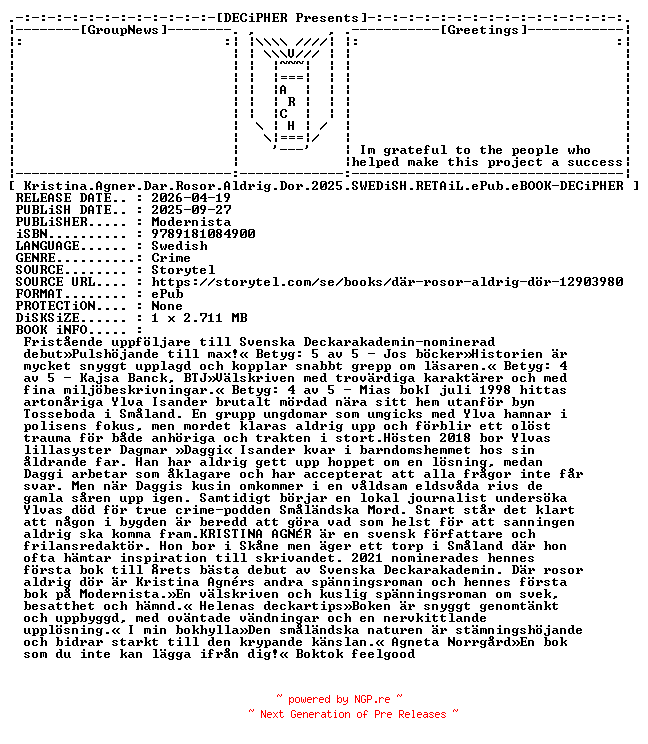 NFO for the release Kristina.Agner.Dar.Rosor.Aldrig.Dor.2025.SWEDiSH.RETAiL.ePub.eBOOK-DECiPHER by DECiPHER