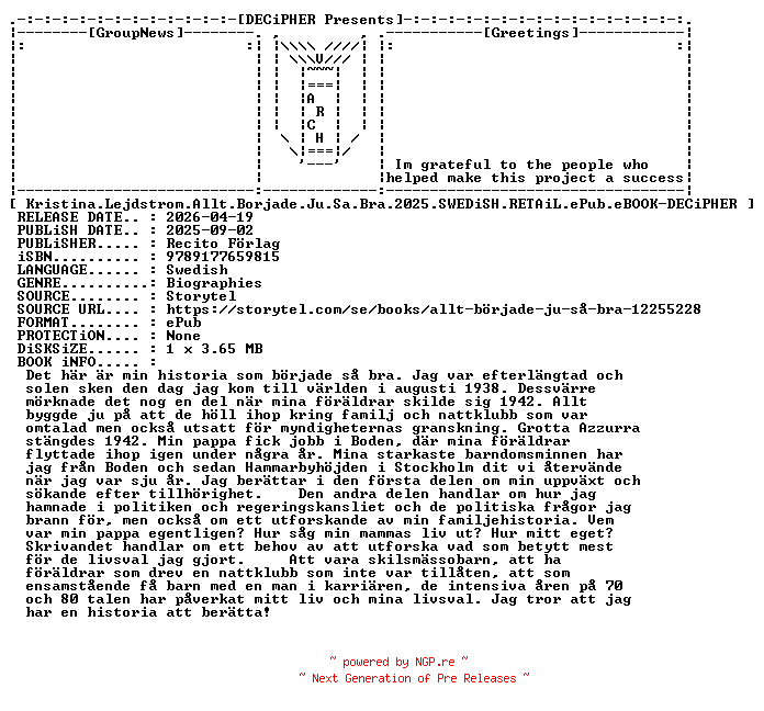 NFO for the release Kristina.Lejdstrom.Allt.Borjade.Ju.Sa.Bra.2025.SWEDiSH.RETAiL.ePub.eBOOK-DECiPHER by DECiPHER
