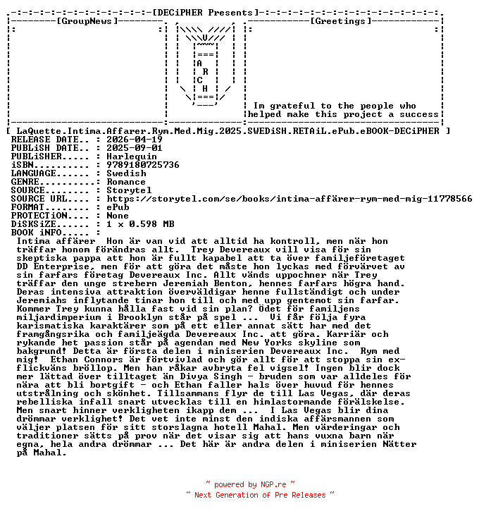 NFO for the release LaQuette.Intima.Affarer.Rym.Med.Mig.2025.SWEDiSH.RETAiL.ePub.eBOOK-DECiPHER by DECiPHER