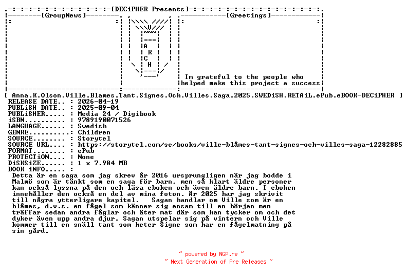 NFO for the release Anna.K.Olson.Ville.Blames.Tant.Signes.Och.Villes.Saga.2025.SWEDiSH.RETAiL.ePub.eBOOK-DECiPHER by DECiPHER