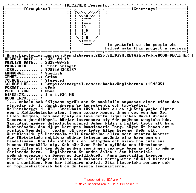NFO for the release Anna.Laestadius.Larsson.Aenglabarnen.2025.SWEDiSH.RETAiL.ePub.eBOOK-DECiPHER by DECiPHER