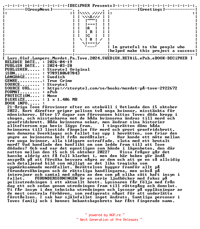 NFO for the release Lars.Olof.Lampers.Mordet.Pa.Tove.2024.SWEDiSH.RETAiL.ePub.eBOOK-DECiPHER by DECiPHER