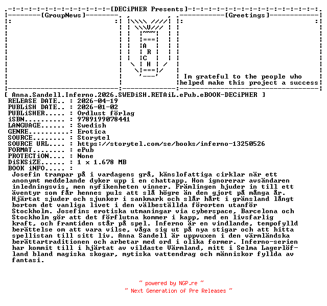NFO for the release Anna.Sandell.Inferno.2026.SWEDiSH.RETAiL.ePub.eBOOK-DECiPHER by DECiPHER
