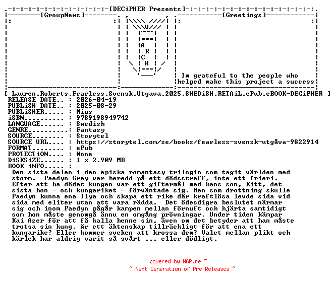 NFO for the release Lauren.Roberts.Fearless.Svensk.Utgava.2025.SWEDiSH.RETAiL.ePub.eBOOK-DECiPHER by DECiPHER