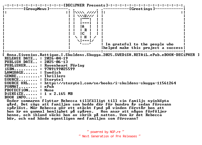NFO for the release Anna.Sivenius.Rattigan.I.Skuldens.Skugga.2025.SWEDiSH.RETAiL.ePub.eBOOK-DECiPHER by DECiPHER