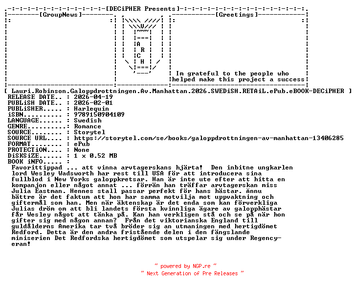 NFO for the release Lauri.Robinson.Galoppdrottningen.Av.Manhattan.2026.SWEDiSH.RETAiL.ePub.eBOOK-DECiPHER by DECiPHER