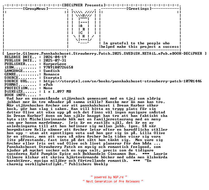 NFO for the release Laurie.Gilmore.Pannkakshuset.Strawberry.Patch.2025.SWEDiSH.RETAiL.ePub.eBOOK-DECiPHER by DECiPHER