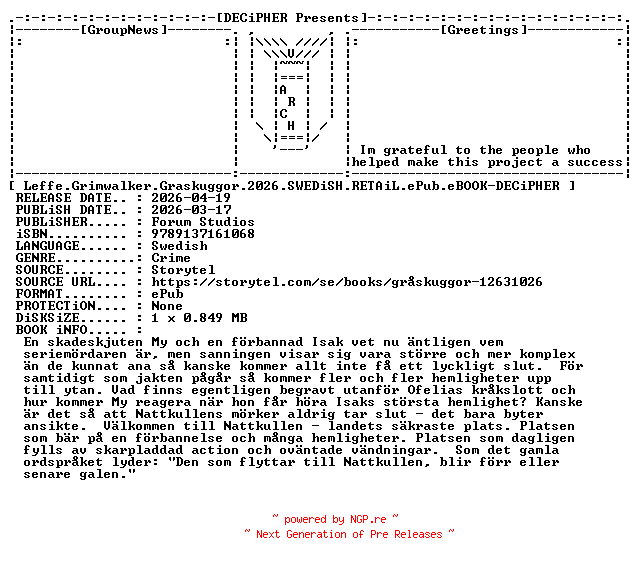 NFO for the release Leffe.Grimwalker.Graskuggor.2026.SWEDiSH.RETAiL.ePub.eBOOK-DECiPHER by DECiPHER