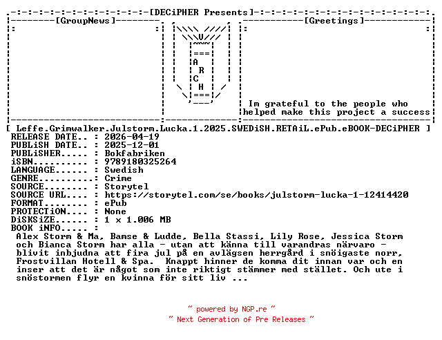 NFO for the release Leffe.Grimwalker.Julstorm.Lucka.1.2025.SWEDiSH.RETAiL.ePub.eBOOK-DECiPHER by DECiPHER