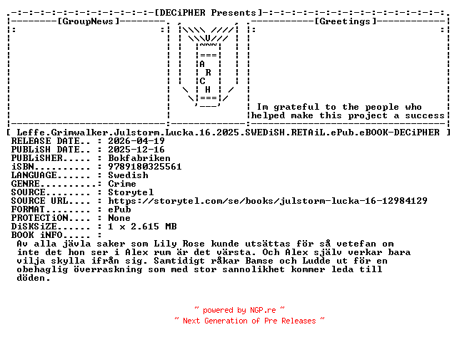 NFO for the release Leffe.Grimwalker.Julstorm.Lucka.16.2025.SWEDiSH.RETAiL.ePub.eBOOK-DECiPHER by DECiPHER