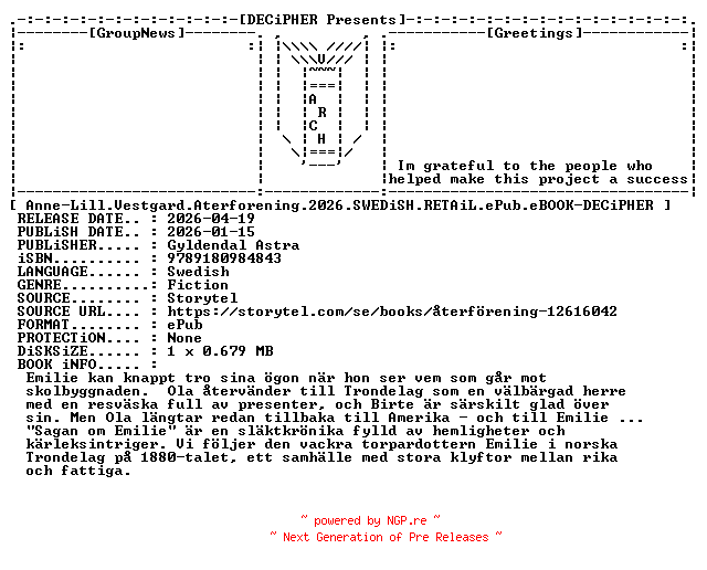 NFO for the release Anne.Lill.Vestgard.Aterforening.2026.SWEDiSH.RETAiL.ePub.eBOOK-DECiPHER by DECiPHER