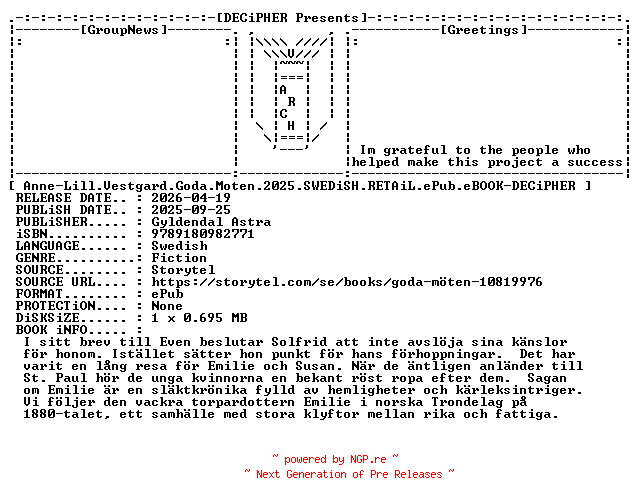 NFO for the release Anne.Lill.Vestgard.Goda.Moten.2025.SWEDiSH.RETAiL.ePub.eBOOK-DECiPHER by DECiPHER