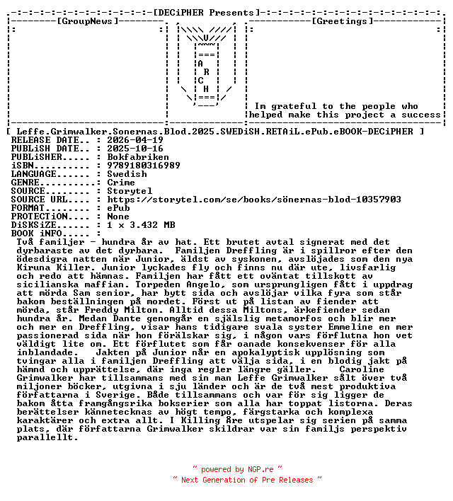 NFO for the release Leffe.Grimwalker.Sonernas.Blod.2025.SWEDiSH.RETAiL.ePub.eBOOK-DECiPHER by DECiPHER
