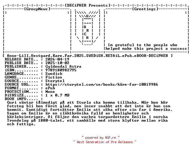 NFO for the release Anne.Lill.Vestgard.Kare.Far.2025.SWEDiSH.RETAiL.ePub.eBOOK-DECiPHER by DECiPHER