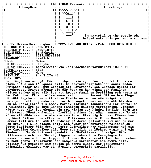 NFO for the release Leffe.Grimwalker.Vargkorset.2025.SWEDiSH.RETAiL.ePub.eBOOK-DECiPHER by DECiPHER