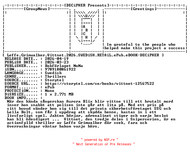 NFO for the release Leffe.Grimwalker.Vittnet.2026.SWEDiSH.RETAiL.ePub.eBOOK-DECiPHER by DECiPHER