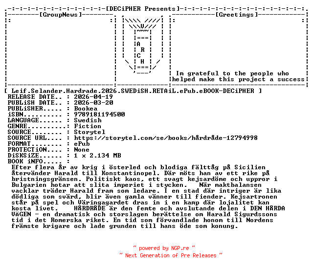NFO for the release Leif.Selander.Hardrade.2026.SWEDiSH.RETAiL.ePub.eBOOK-DECiPHER by DECiPHER