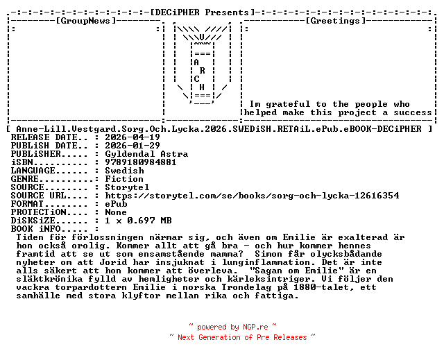 NFO for the release Anne.Lill.Vestgard.Sorg.Och.Lycka.2026.SWEDiSH.RETAiL.ePub.eBOOK-DECiPHER by DECiPHER