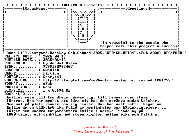 NFO for the release Anne.Lill.Vestgard.Vanskap.Och.Saknad.2025.SWEDiSH.RETAiL.ePub.eBOOK-DECiPHER by DECiPHER