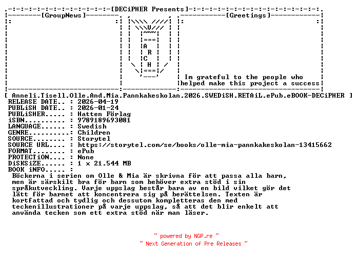 NFO for the release Anneli.Tisell.Olle.And.Mia.Pannkakeskolan.2026.SWEDiSH.RETAiL.ePub.eBOOK-DECiPHER by DECiPHER