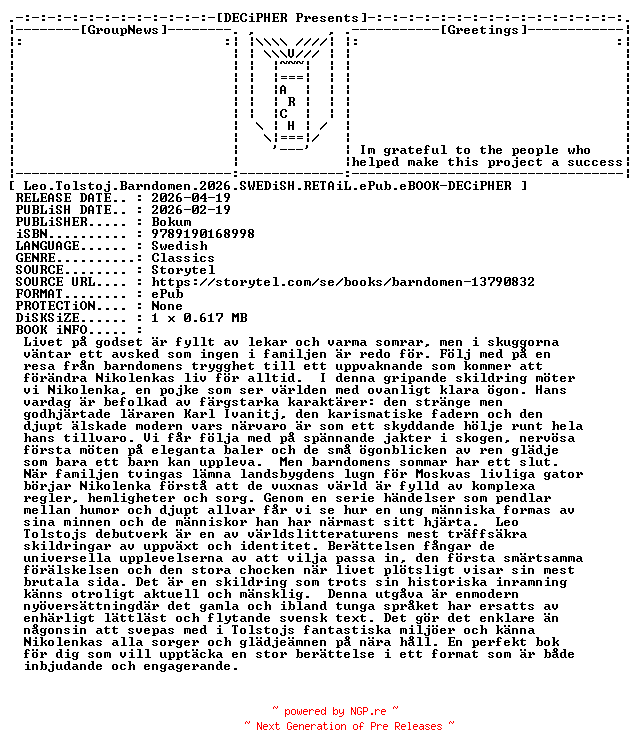 NFO for the release Leo.Tolstoj.Barndomen.2026.SWEDiSH.RETAiL.ePub.eBOOK-DECiPHER by DECiPHER