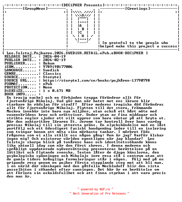 NFO for the release Leo.Tolstoj.Pojkaren.2026.SWEDiSH.RETAiL.ePub.eBOOK-DECiPHER by DECiPHER