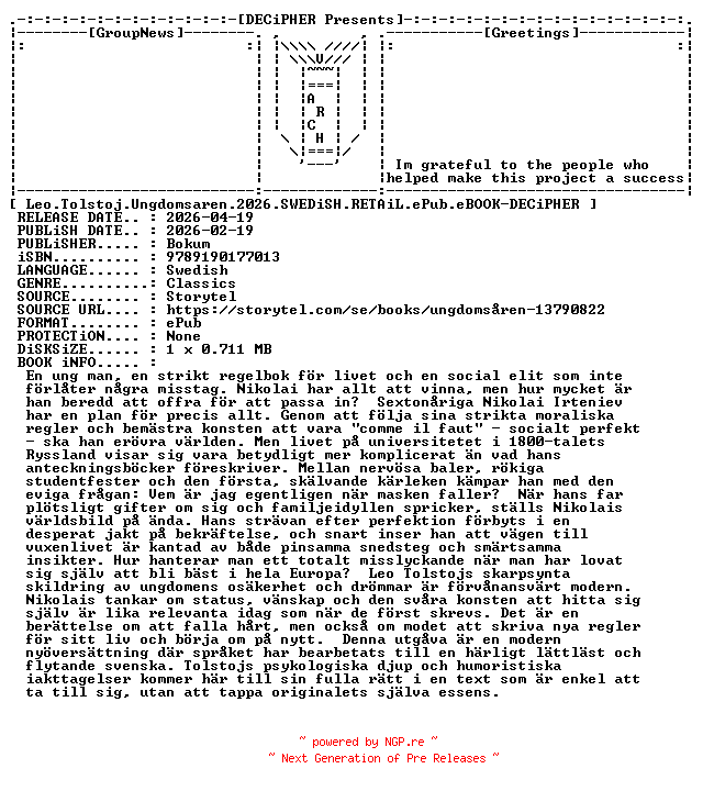 NFO for the release Leo.Tolstoj.Ungdomsaren.2026.SWEDiSH.RETAiL.ePub.eBOOK-DECiPHER by DECiPHER