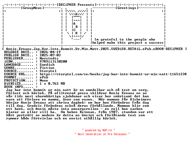 NFO for the release Annie.Ernaux.Jag.Har.Inte.Kommit.Ur.Min.Natt.2025.SWEDiSH.RETAiL.ePub.eBOOK-DECiPHER by DECiPHER