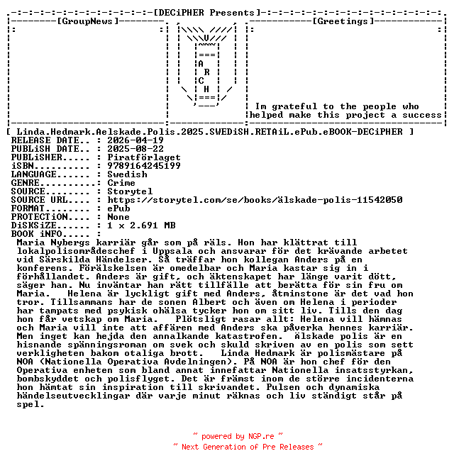 NFO for the release Linda.Hedmark.Aelskade.Polis.2025.SWEDiSH.RETAiL.ePub.eBOOK-DECiPHER by DECiPHER