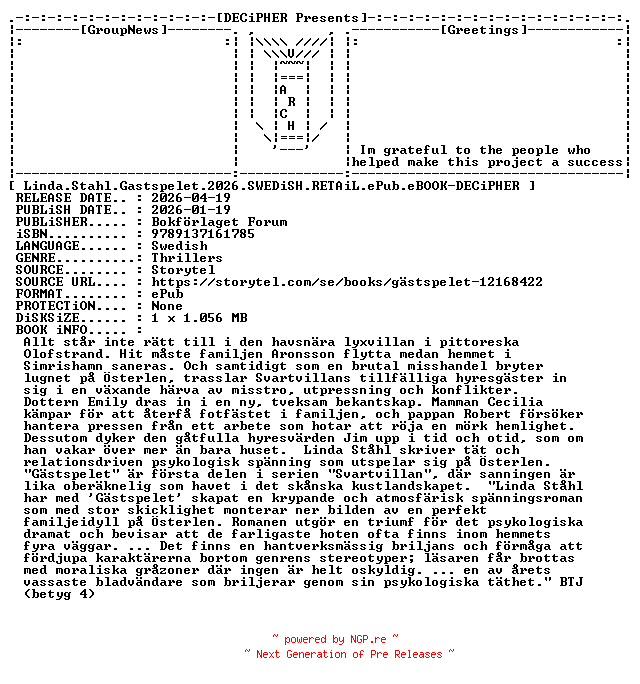 NFO for the release Linda.Stahl.Gastspelet.2026.SWEDiSH.RETAiL.ePub.eBOOK-DECiPHER by DECiPHER