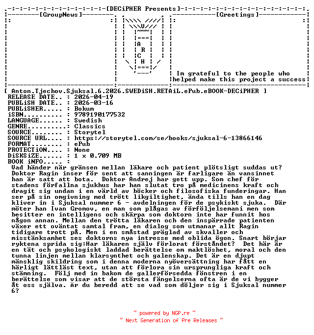 NFO for the release Anton.Tjechov.Sjuksal.6.2026.SWEDiSH.RETAiL.ePub.eBOOK-DECiPHER by DECiPHER
