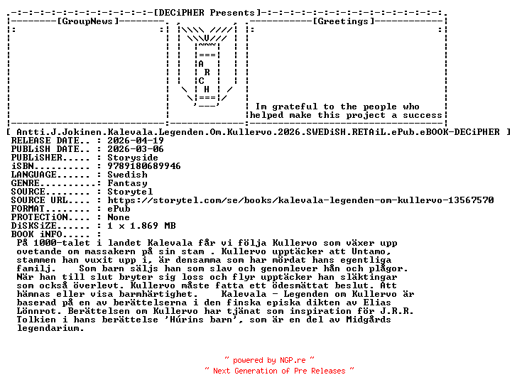 NFO for the release Antti.J.Jokinen.Kalevala.Legenden.Om.Kullervo.2026.SWEDiSH.RETAiL.ePub.eBOOK-DECiPHER by DECiPHER