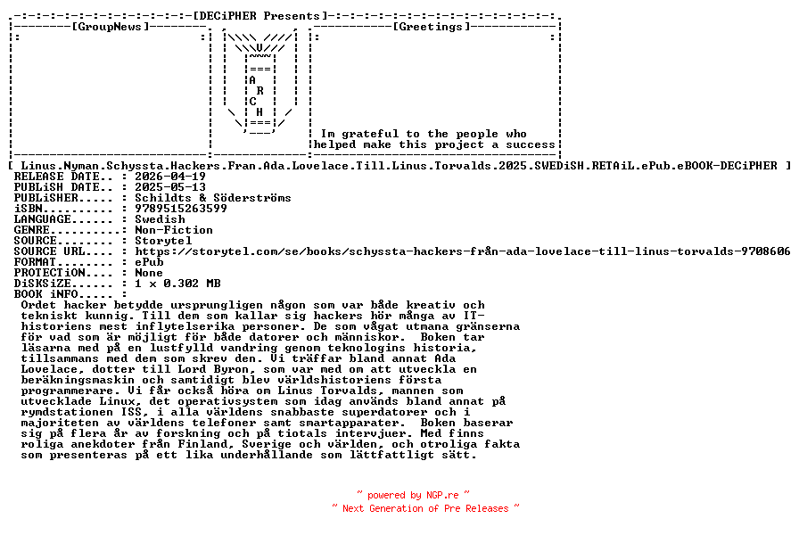 NFO for the release Linus.Nyman.Schyssta.Hackers.Fran.Ada.Lovelace.Till.Linus.Torvalds.2025.SWEDiSH.RETAiL.ePub.eBOOK-DECiPHER by DECiPHER