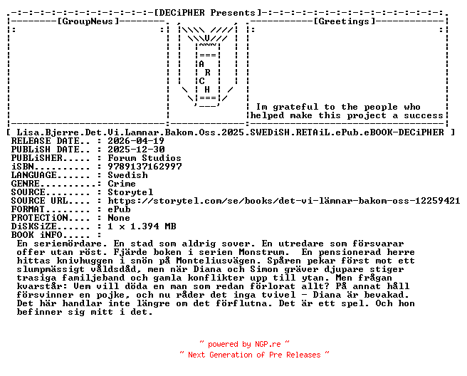 NFO for the release Lisa.Bjerre.Det.Vi.Lamnar.Bakom.Oss.2025.SWEDiSH.RETAiL.ePub.eBOOK-DECiPHER by DECiPHER