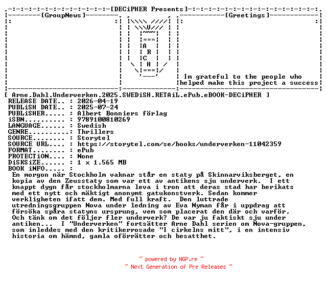 NFO for the release Arne.Dahl.Underverken.2025.SWEDiSH.RETAiL.ePub.eBOOK-DECiPHER by DECiPHER