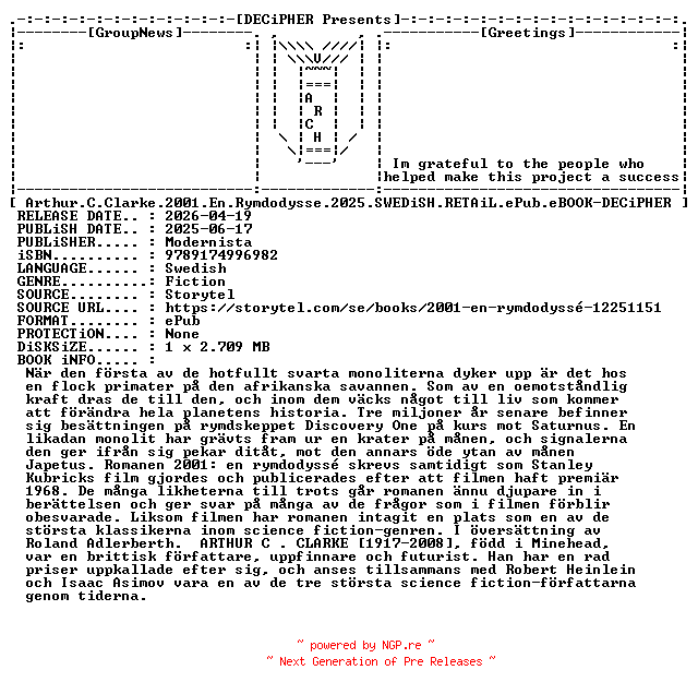 NFO for the release Arthur.C.Clarke.2001.En.Rymdodysse.2025.SWEDiSH.RETAiL.ePub.eBOOK-DECiPHER by DECiPHER