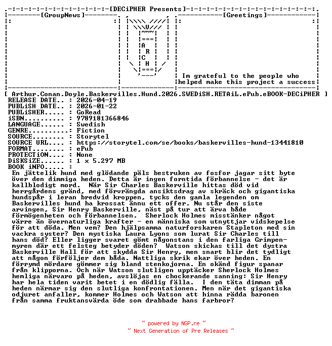 NFO for the release Arthur.Conan.Doyle.Baskervilles.Hund.2026.SWEDiSH.RETAiL.ePub.eBOOK-DECiPHER by DECiPHER