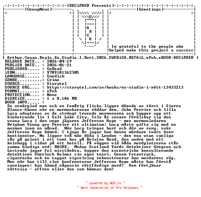 NFO for the release Arthur.Conan.Doyle.En.Studie.I.Rott.2026.SWEDiSH.RETAiL.ePub.eBOOK-DECiPHER by DECiPHER