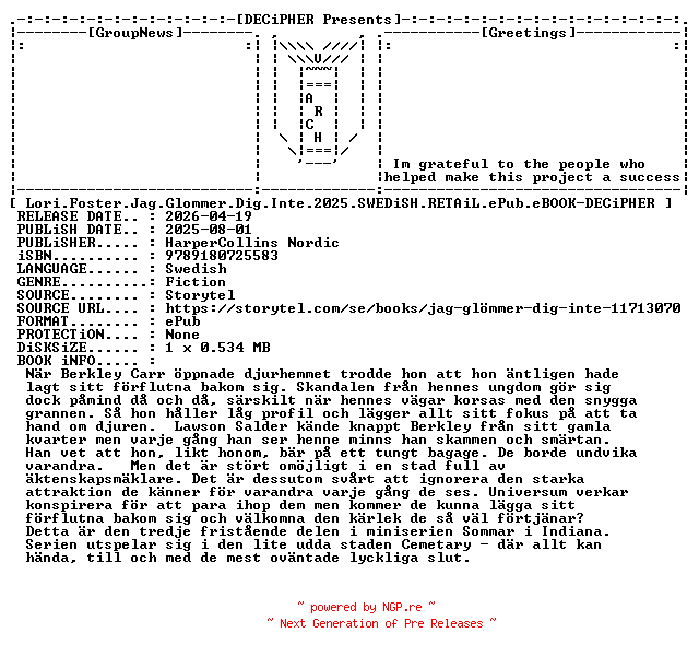 NFO for the release Lori.Foster.Jag.Glommer.Dig.Inte.2025.SWEDiSH.RETAiL.ePub.eBOOK-DECiPHER by DECiPHER
