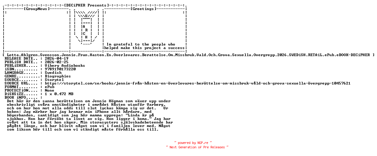 NFO for the release Lotta.Ahlgren.Svensson.Jennie.Fran.Hasten.En.Overlevares.Berattelse.Om.Missbruk.Vald.Och.Grova.Sexuella.Overgrepp.2026.SWEDiSH.RETAiL.ePub.eBOOK-DECiPHER by DECiPHER