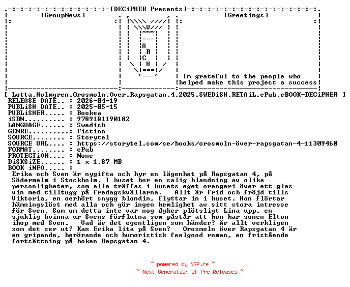 NFO for the release Lotta.Holmgren.Orosmoln.Over.Rapsgatan.4.2025.SWEDiSH.RETAiL.ePub.eBOOK-DECiPHER by DECiPHER