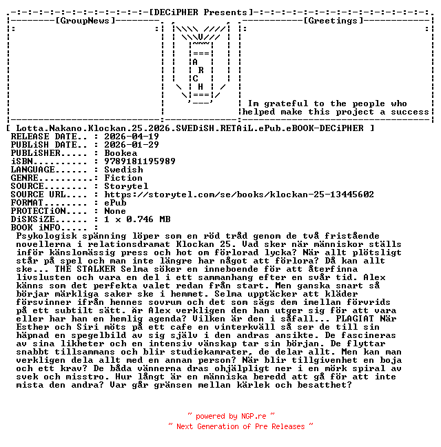 NFO for the release Lotta.Nakano.Klockan.25.2026.SWEDiSH.RETAiL.ePub.eBOOK-DECiPHER by DECiPHER