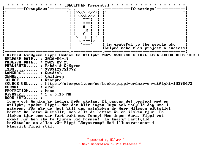 NFO for the release Astrid.Lindgren.Pippi.Ordnar.En.Utflykt.2025.SWEDiSH.RETAiL.ePub.eBOOK-DECiPHER by DECiPHER