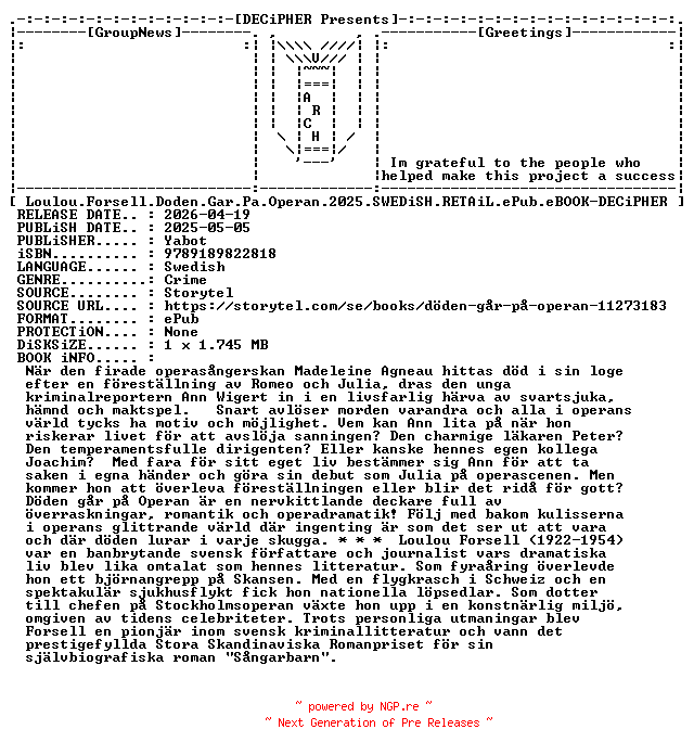 NFO for the release Loulou.Forsell.Doden.Gar.Pa.Operan.2025.SWEDiSH.RETAiL.ePub.eBOOK-DECiPHER by DECiPHER