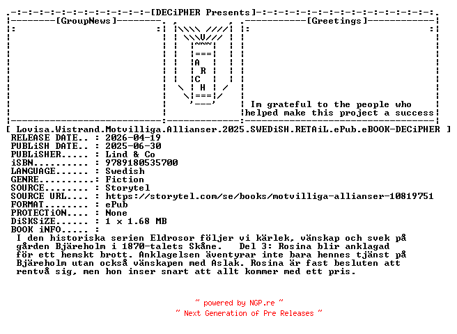 NFO for the release Lovisa.Wistrand.Motvilliga.Allianser.2025.SWEDiSH.RETAiL.ePub.eBOOK-DECiPHER by DECiPHER