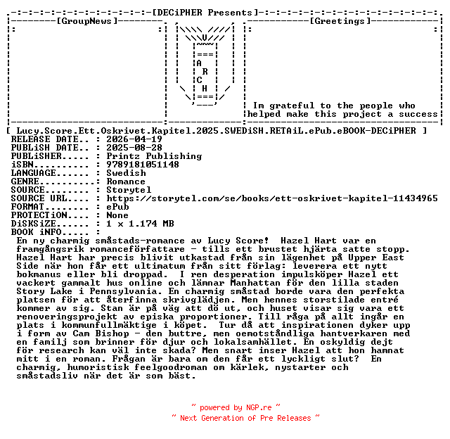 NFO for the release Lucy.Score.Ett.Oskrivet.Kapitel.2025.SWEDiSH.RETAiL.ePub.eBOOK-DECiPHER by DECiPHER
