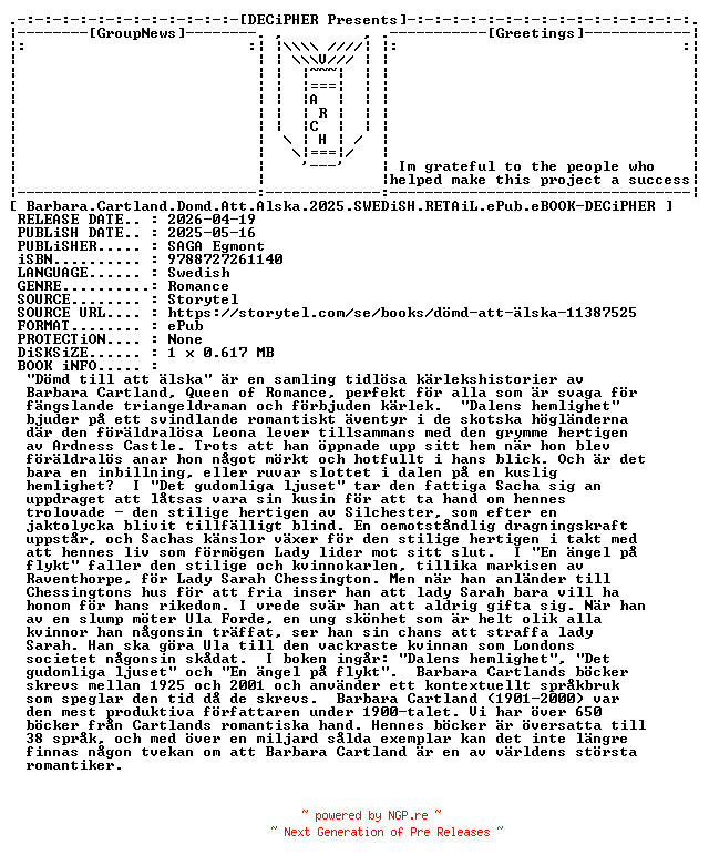 NFO for the release Barbara.Cartland.Domd.Att.Alska.2025.SWEDiSH.RETAiL.ePub.eBOOK-DECiPHER by DECiPHER