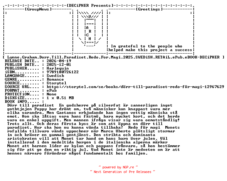 NFO for the release Lynne.Graham.Dorr.Till.Paradiset.Redo.For.Magi.2025.SWEDiSH.RETAiL.ePub.eBOOK-DECiPHER by DECiPHER