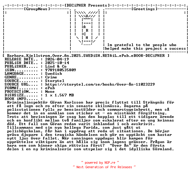 NFO for the release Barbara.Kjellstrom.Over.An.2025.SWEDiSH.RETAiL.ePub.eBOOK-DECiPHER by DECiPHER