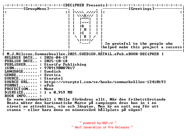 NFO for the release M.J.Nilsson.Sommarkvallen.2025.SWEDiSH.RETAiL.ePub.eBOOK-DECiPHER by DECiPHER